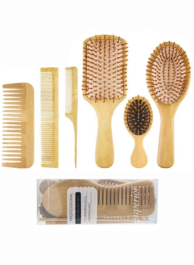 BONITO 6PCS Natural Bamboo Comb Set Wooden Massage Hair Brush, Bamboo Comb Paddle Detangling Hairbrush, Wide-Tooth and Tail Comb No Bristle, Suit for Women Men and Kids Thick/Thin/Curly/Dry Hair - Image 1