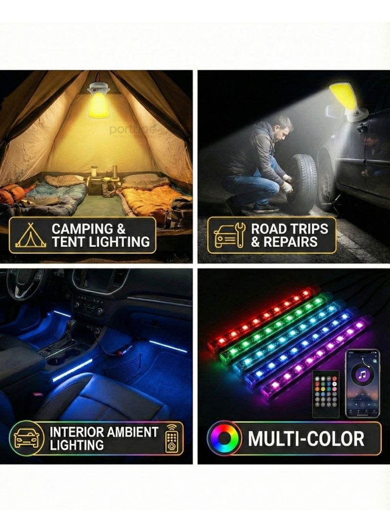 Portbae High-Quality 4PCS RGB LED Strip Lights with Remote Control | Ultra-Bright 12V Premium Camping, Work & Outdoor Lighting - Image 2