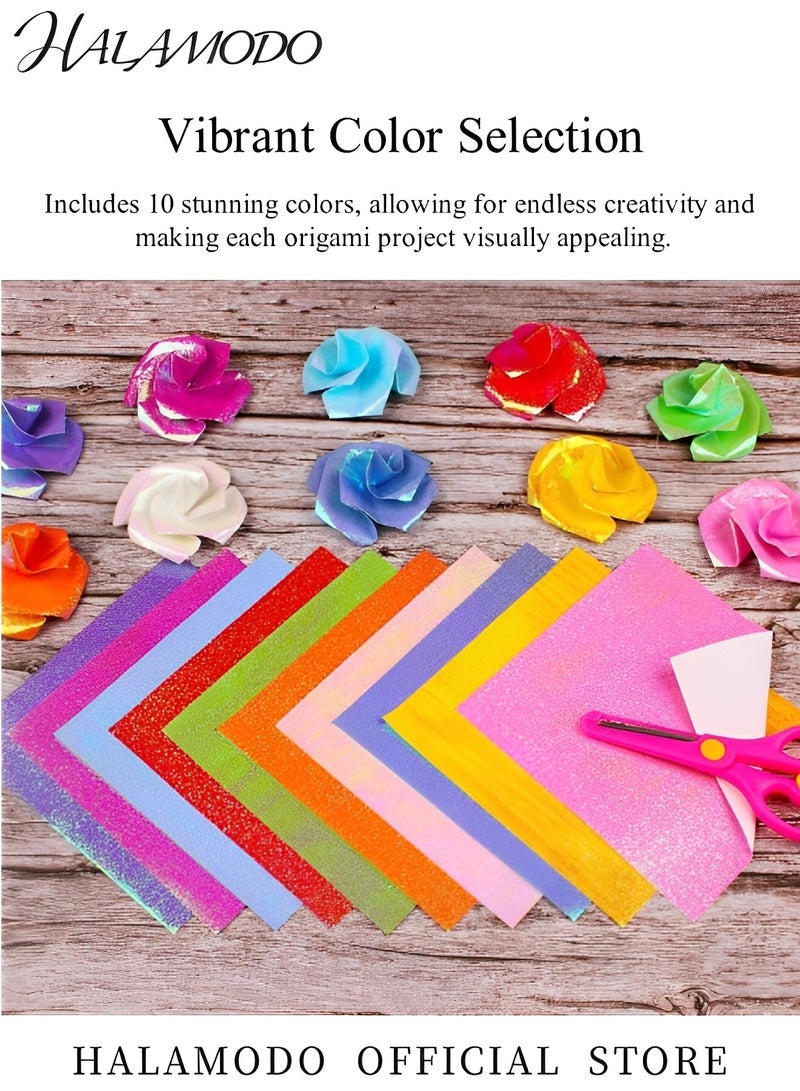 HALAMODO 50 Sheets Origami Paper 10 Colors Shiny Origami Paper Square Iridescent Paper Origami Paper Decoration Paper for Crane Stars Airplanes Planes Animals Kids Arts and DIY Crafts - Image 2