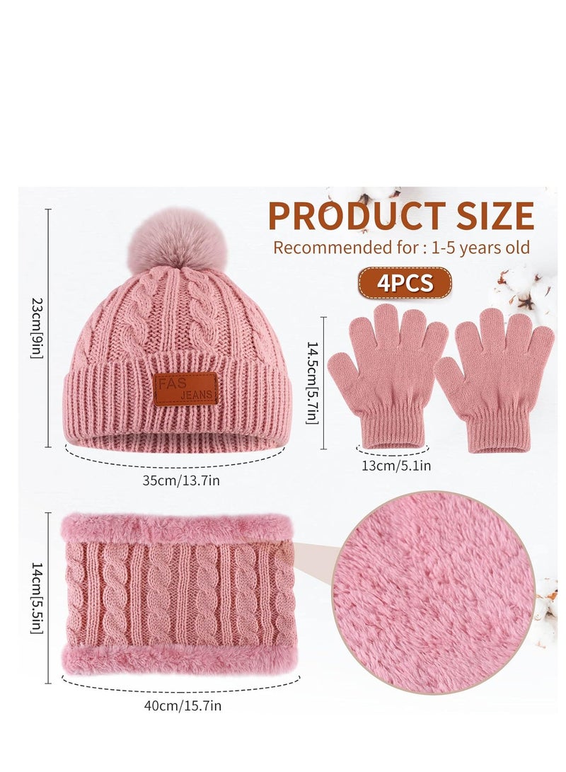 Furtey Kids Hat Scarf Gloves Set, Kids Winter Beanie Hat Scarf Gloves Set with Knit Thick Warm Fleece Lined for 2-6 Years Old, Pink - Image 2