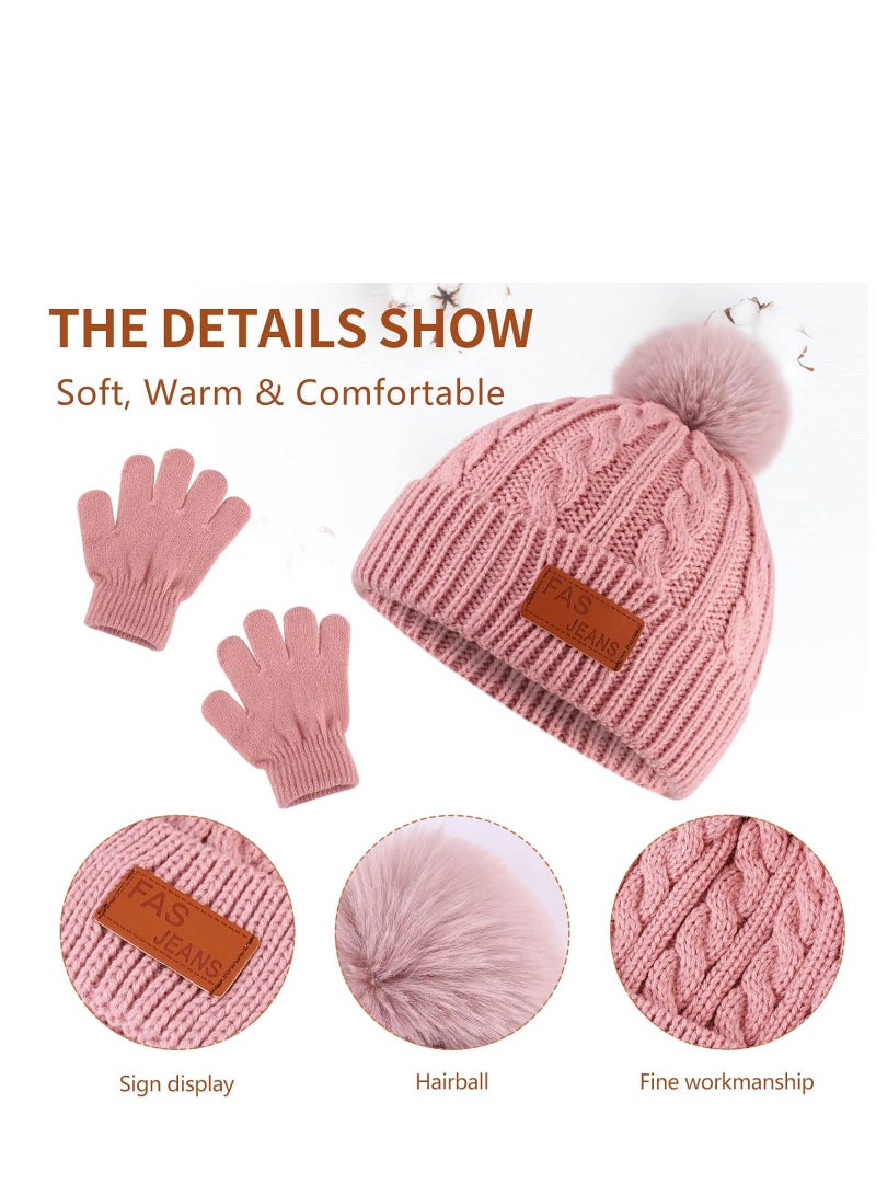 Furtey Kids Hat Scarf Gloves Set, Kids Winter Beanie Hat Scarf Gloves Set with Knit Thick Warm Fleece Lined for 2-6 Years Old, Pink - Image 3