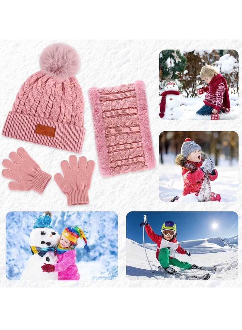 Furtey Kids Hat Scarf Gloves Set, Kids Winter Beanie Hat Scarf Gloves Set with Knit Thick Warm Fleece Lined for 2-6 Years Old, Pink - Image 4