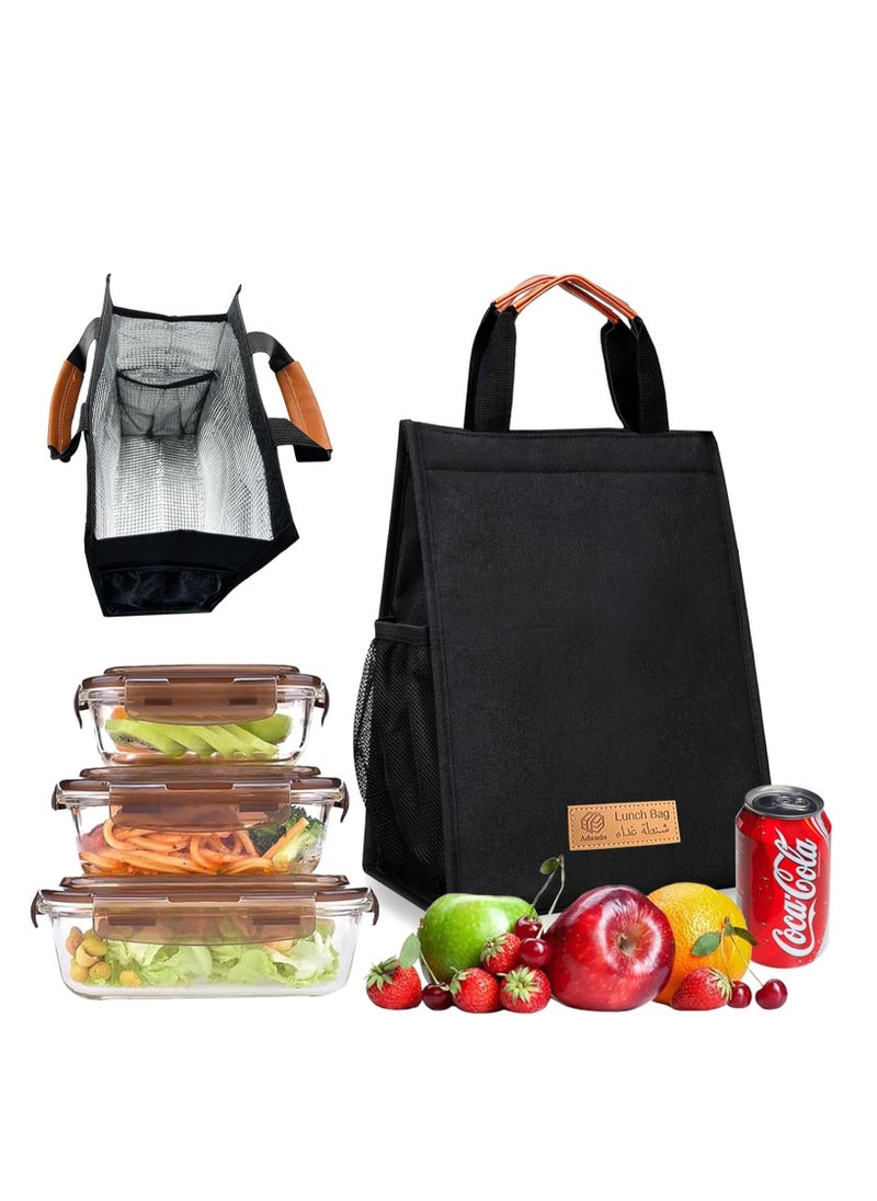Adando - Adando Lunch Bag Insulated Lunch Bag 600D Oxford Cloth Reusable Waterproof Cooler Lunch Bag for Adult Kids Portable Large Bento Tote for Office, Work, School, Picnic, Fishing, Hiking Travel (Black) - Image 1