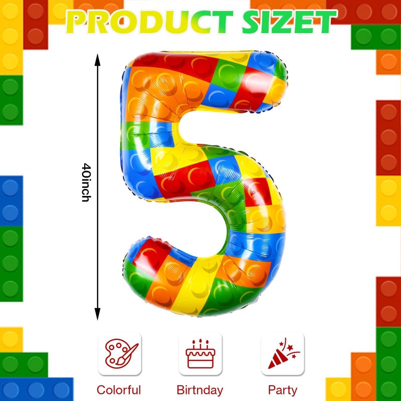 AXBMM 40 Inch Building Block Number Balloon Colorful Block Foil Balloons Block Themed Big Helium Numbers for Girls Boys Party Decorations - Image 2