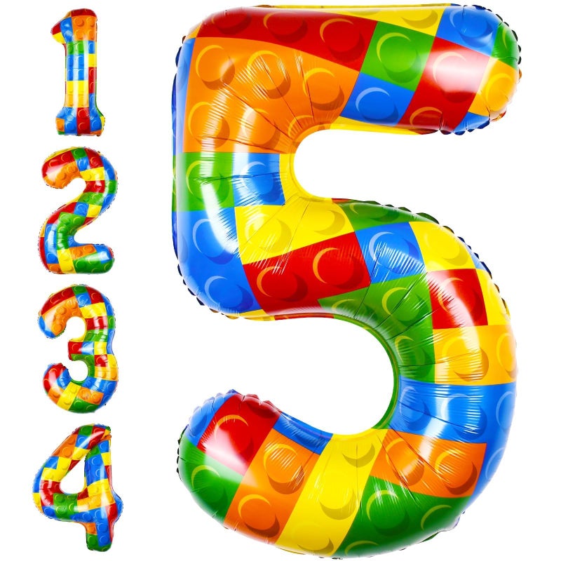 AXBMM 40 Inch Building Block Number Balloon Colorful Block Foil Balloons Block Themed Big Helium Numbers for Girls Boys Party Decorations - Image 1