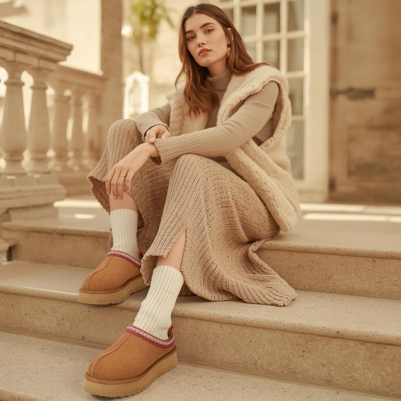 KIDMI Genuine Suede Platform Slippers for Women Fuzzy Winter Warm Shoes Indoor Outdoor, Chestnut 39 - Image 3