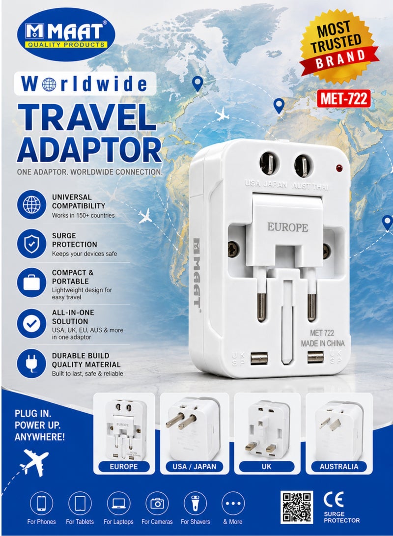 MAAT High Quality Worldwide Universal Travel Adapter with Surge Protection, All-in-One International Power Plug Converter for Europe, UK, USA, Japan, Australia & Asia, Compact Universal Travel Adapter for 150+ Countries, Model MET-722 - Image 1