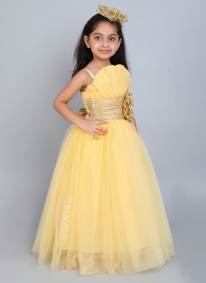 PinkChick Yellow Ruffled Net Fit & Flare Dress for Girls - Image 3