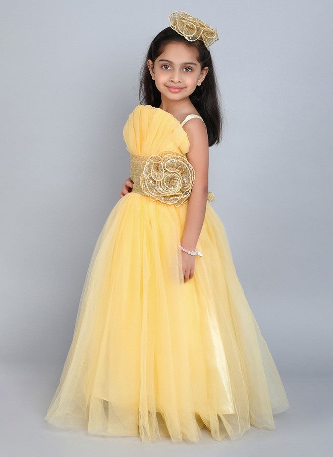 PinkChick Yellow Ruffled Net Fit & Flare Dress for Girls - Image 4