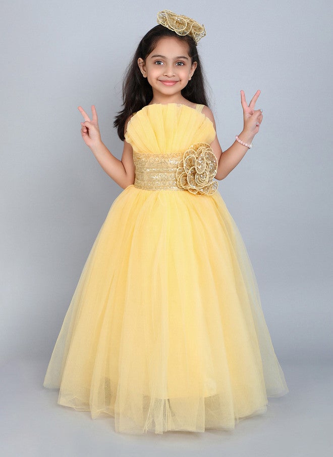 PinkChick Yellow Ruffled Net Fit & Flare Dress for Girls - Image 1