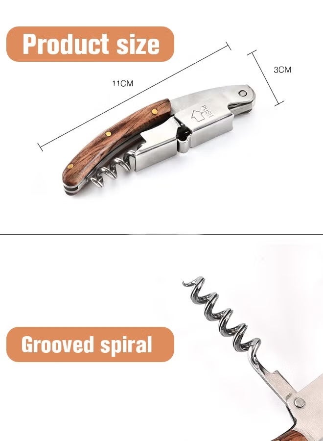 ليمون فتحة النبيذ، مع حقيبة جلدية، مقبض خشبي مزدوج المفصل من الفولاذ المقاوم للصدأ، برغي زجاجة البيرة مفتاح زجاجة. - Image 2