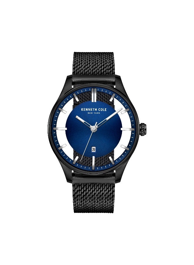 Kenneth Cole New York ساعة أنالوج للرجال بقرص أزرق وحزام جلد أسود بتصميم كلاسيكي حديث - 42 مم - Image 1