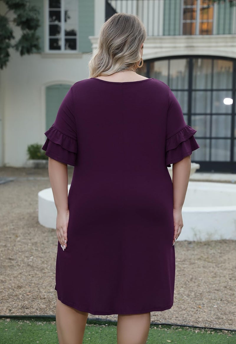 Nemidor Plus Size Casual Dresses for Curvy Women Summer Ruffle Sleeve T-Shirt Swing Mini Dress with Pocket 14-26(179,18,Dark Purple) - Image 2