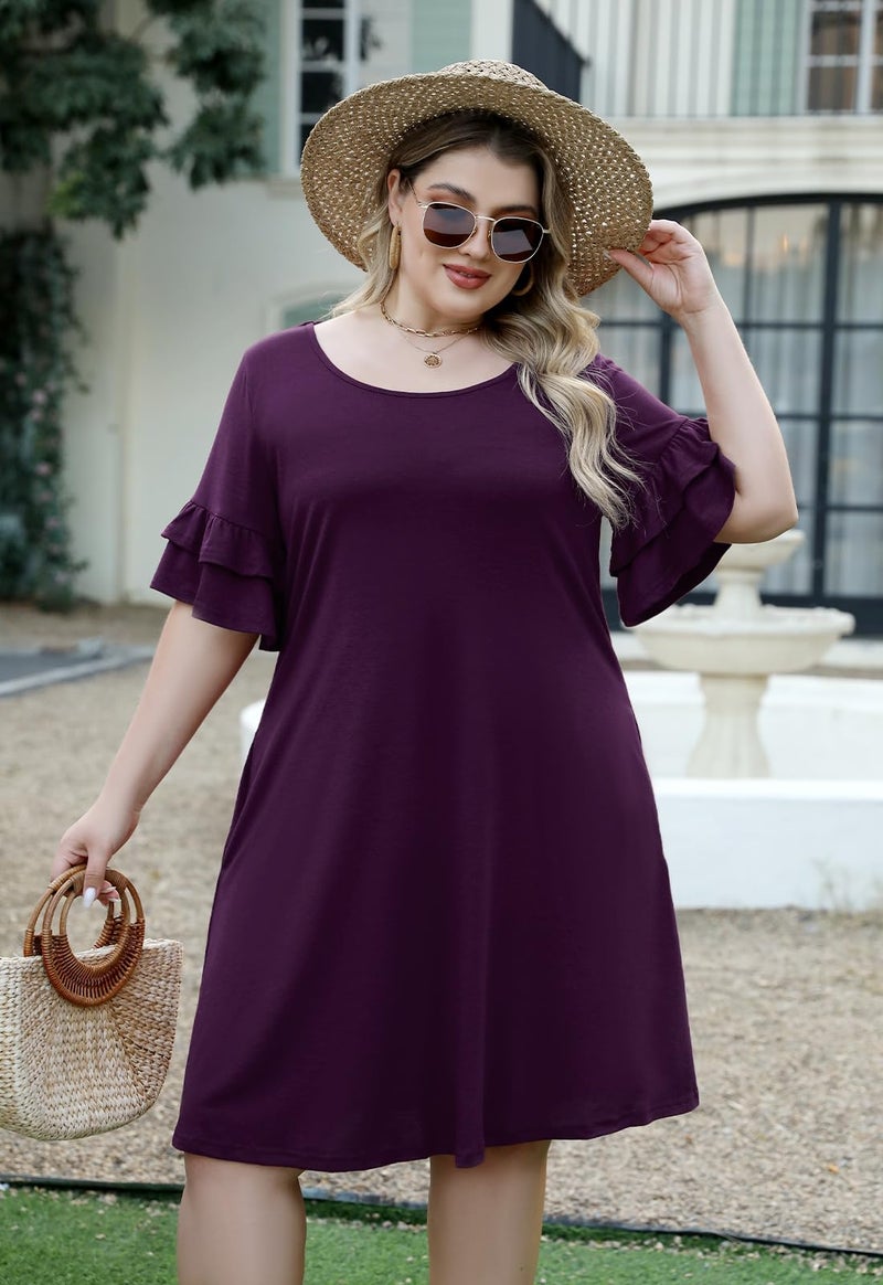 Nemidor Plus Size Casual Dresses for Curvy Women Summer Ruffle Sleeve T-Shirt Swing Mini Dress with Pocket 14-26(179,18,Dark Purple) - Image 5