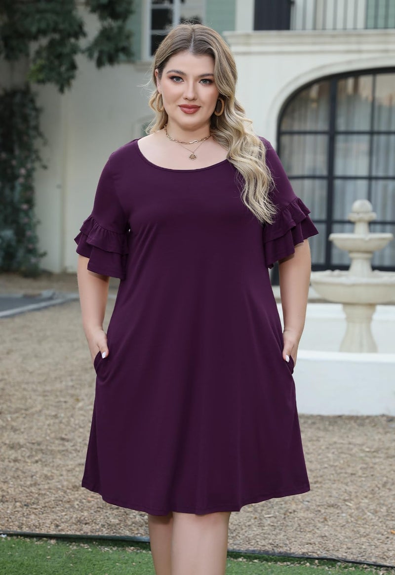 Nemidor Plus Size Casual Dresses for Curvy Women Summer Ruffle Sleeve T-Shirt Swing Mini Dress with Pocket 14-26(179,18,Dark Purple) - Image 3