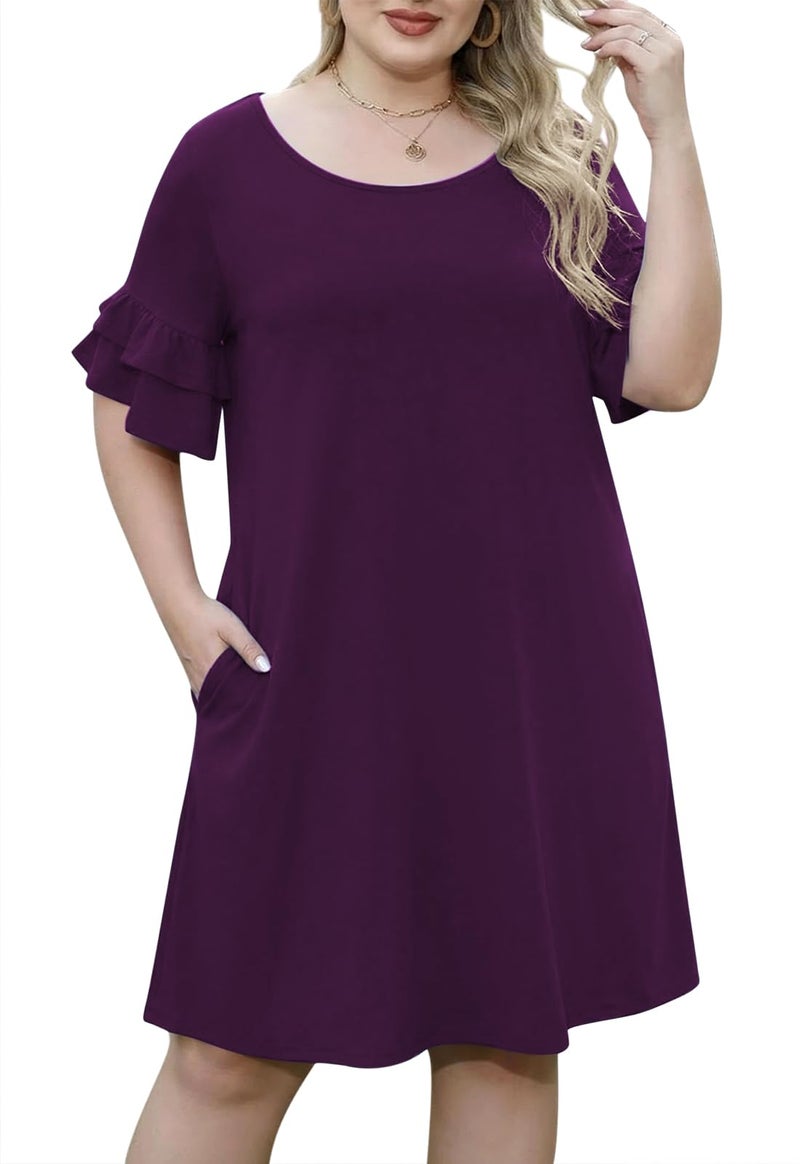 Nemidor Plus Size Casual Dresses for Curvy Women Summer Ruffle Sleeve T-Shirt Swing Mini Dress with Pocket 14-26(179,18,Dark Purple) - Image 1
