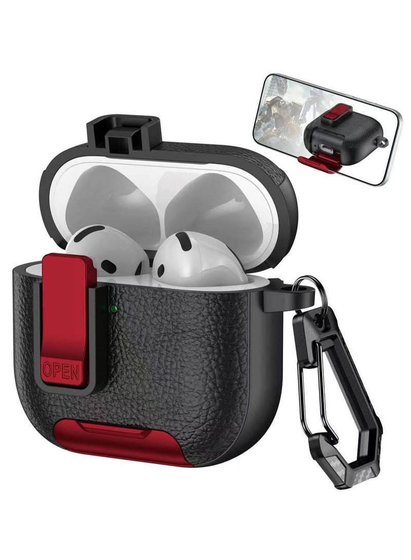 AirPod Pro 2 Case 2023/2022/2019, 2nd Gen with Phone Stand, Secure Lock Design Silicone Protection, Case with Leather Texture for Airpod Pro 2 (Black Red) 