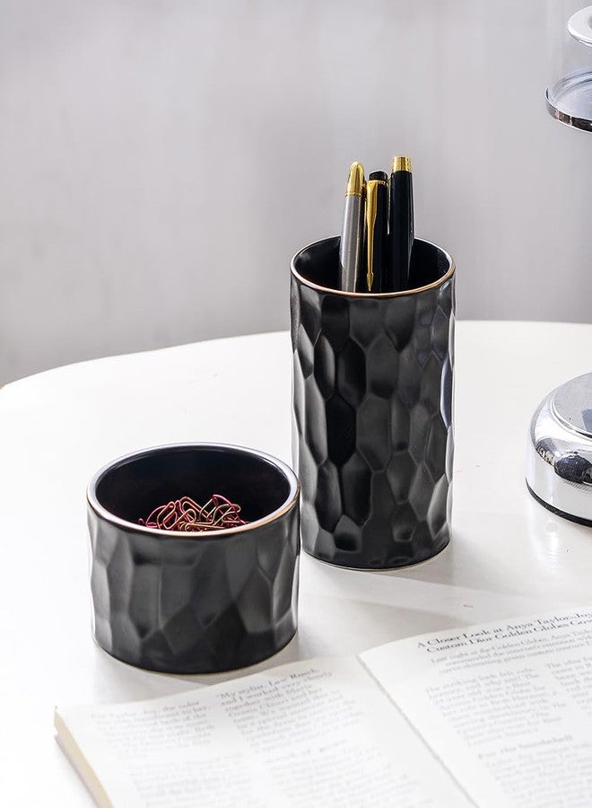 YOSCO Ceramic Round Irregularly Shaped Pen Holder for Desk Cute White Pencil Holder Cup Pot Desk Organizer Makeup Brush Holder (Black Set) - Image 2