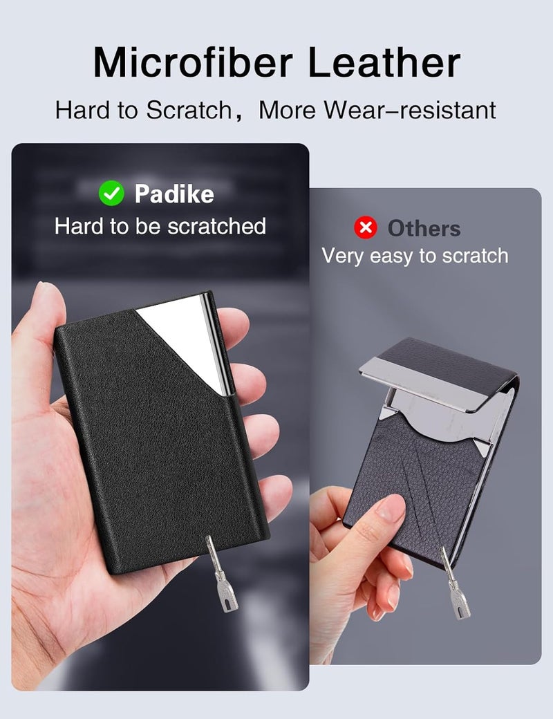 Padike Business Card Holder, Upgraded Leather Business Card Case Pocket Card Holders for Men or Women, Metal Slim Name Card Holder RFID Blocking Business Card Carrier with Magnetic Closure(Black) - Image 3