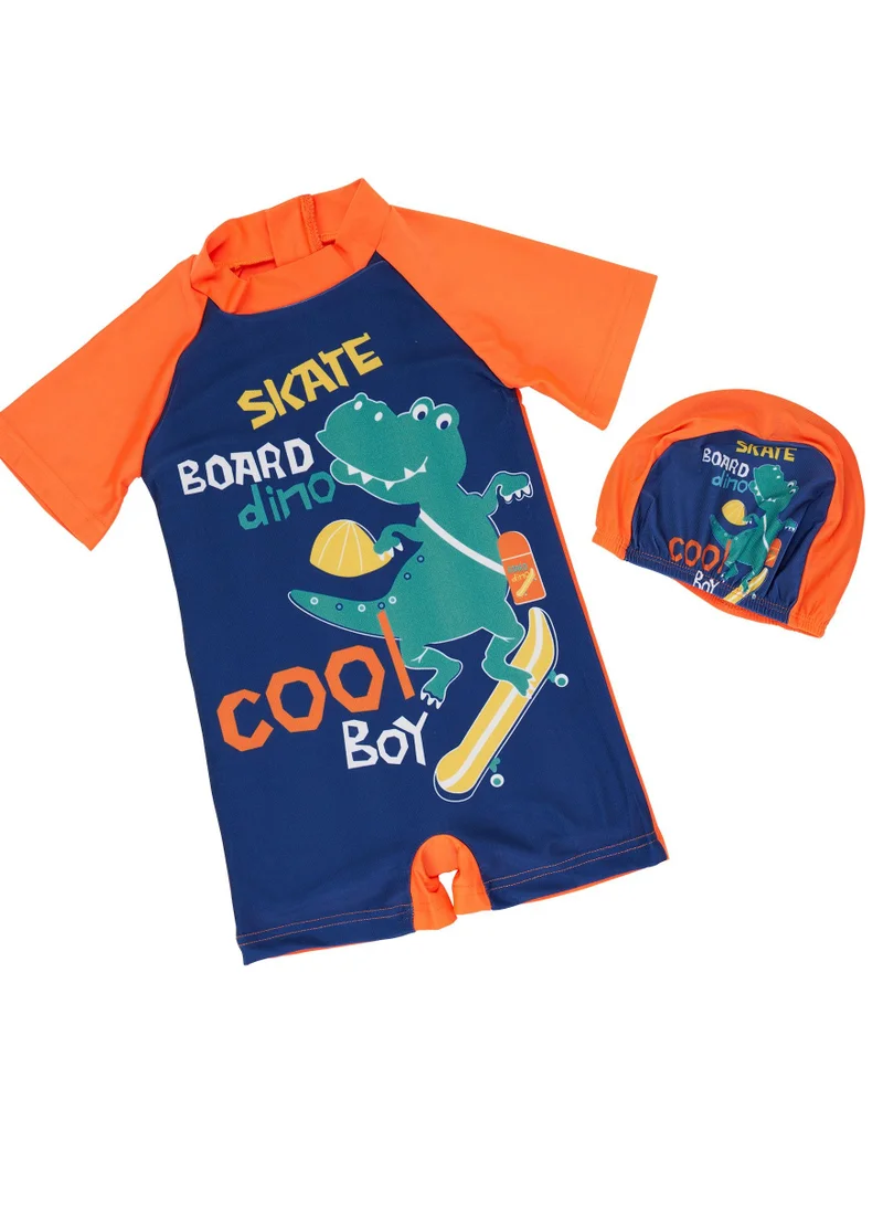 بيبي كلو Skate board Dino printed swimwear with cap for boys