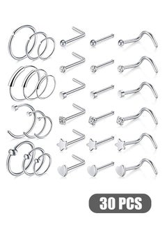 Generic 30 Pcs 20G Nose Rings for Women Nose Piercings Jewelry Gold Nose Rings Hoops Stainless Steel Nose Studs Screw for Women Men (Silver)  - Image 1