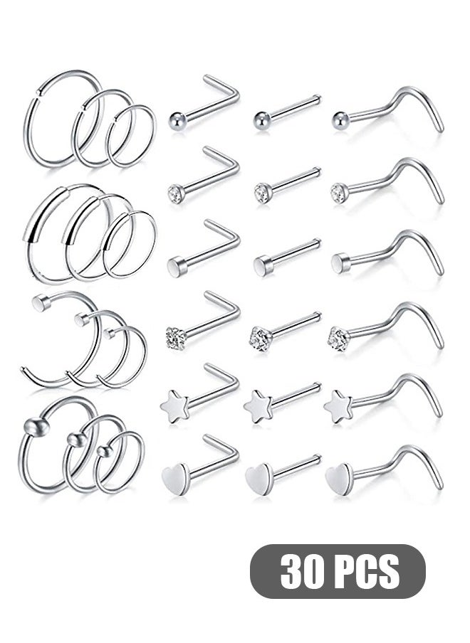 Generic 30 Pcs 20G Nose Rings for Women Nose Piercings Jewelry Gold Nose Rings Hoops Stainless Steel Nose Studs Screw for Women Men (Silver)  - Image 1