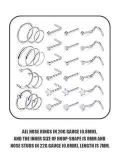 Generic 30 Pcs 20G Nose Rings for Women Nose Piercings Jewelry Gold Nose Rings Hoops Stainless Steel Nose Studs Screw for Women Men (Silver)  - Image 2