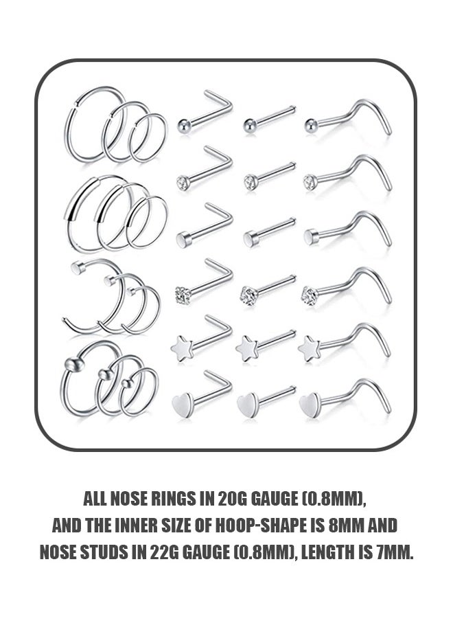 Generic 30 Pcs 20G Nose Rings for Women Nose Piercings Jewelry Gold Nose Rings Hoops Stainless Steel Nose Studs Screw for Women Men (Silver)  - Image 2