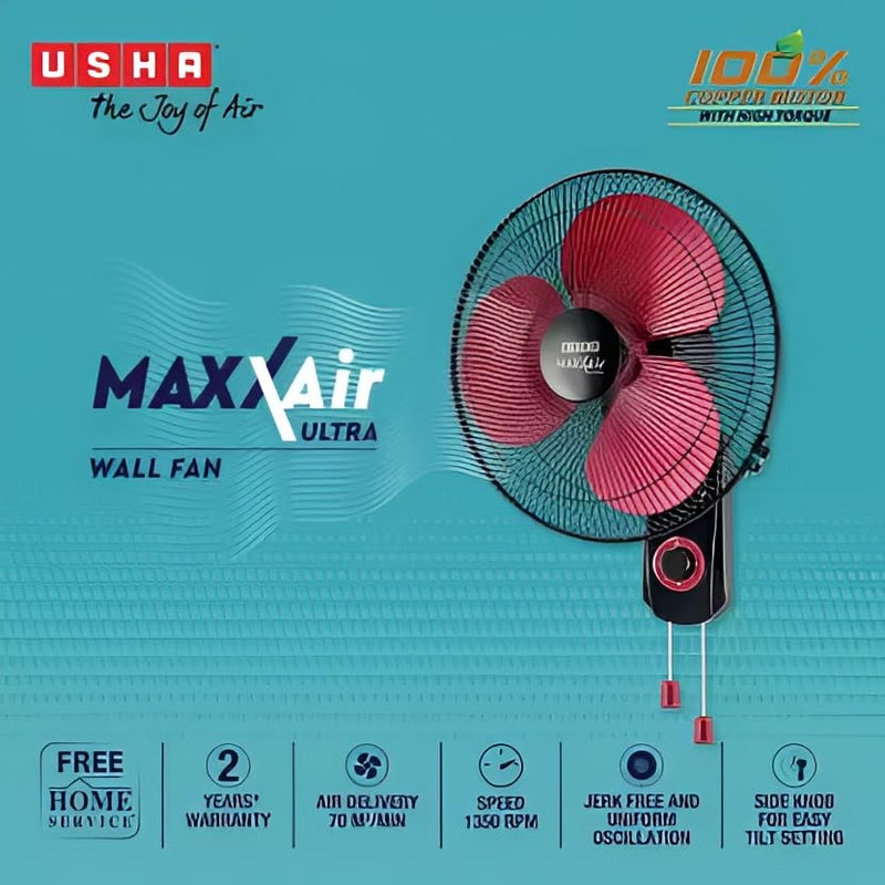 Usha USHA Maxx Air Ultra Wall Fan 400MM Sweep Size 1350_RPM Aerodynamic Blade Design for High Air Delivery Anti Rust Protection 100 Copper Motor 2 Year Warranty Maroon  - Image 2
