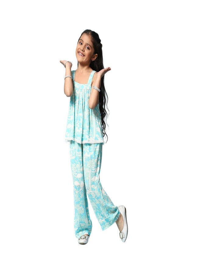 BIBA Printed Viscose Regular Fit Girls Kurta Set (TURQUOISE, 6-7Y) - Image 1