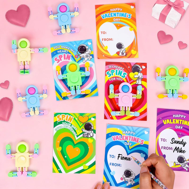 LACCHOUFEE Valentines Day Gifts for Kids, 30 Pack Astronaut-Shaped Fidget Spinner POP Toys with Greeting Card for Kids Classroom Exchange, Valentine Prizes for Boys Girls School Party Favor - Image 5