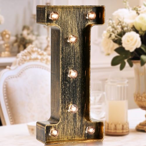 OYCBUZO Golden Black Led Marquee Letter - Industrial, Vintage Style Light Up Alphabet Letter Sign for Cafe Wedding Birthday Party Christmas Lamp Home Bar Initials Decor - I - Image 1