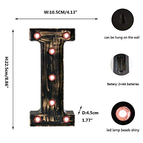 OYCBUZO Golden Black Led Marquee Letter - Industrial, Vintage Style Light Up Alphabet Letter Sign for Cafe Wedding Birthday Party Christmas Lamp Home Bar Initials Decor - I - Image 5