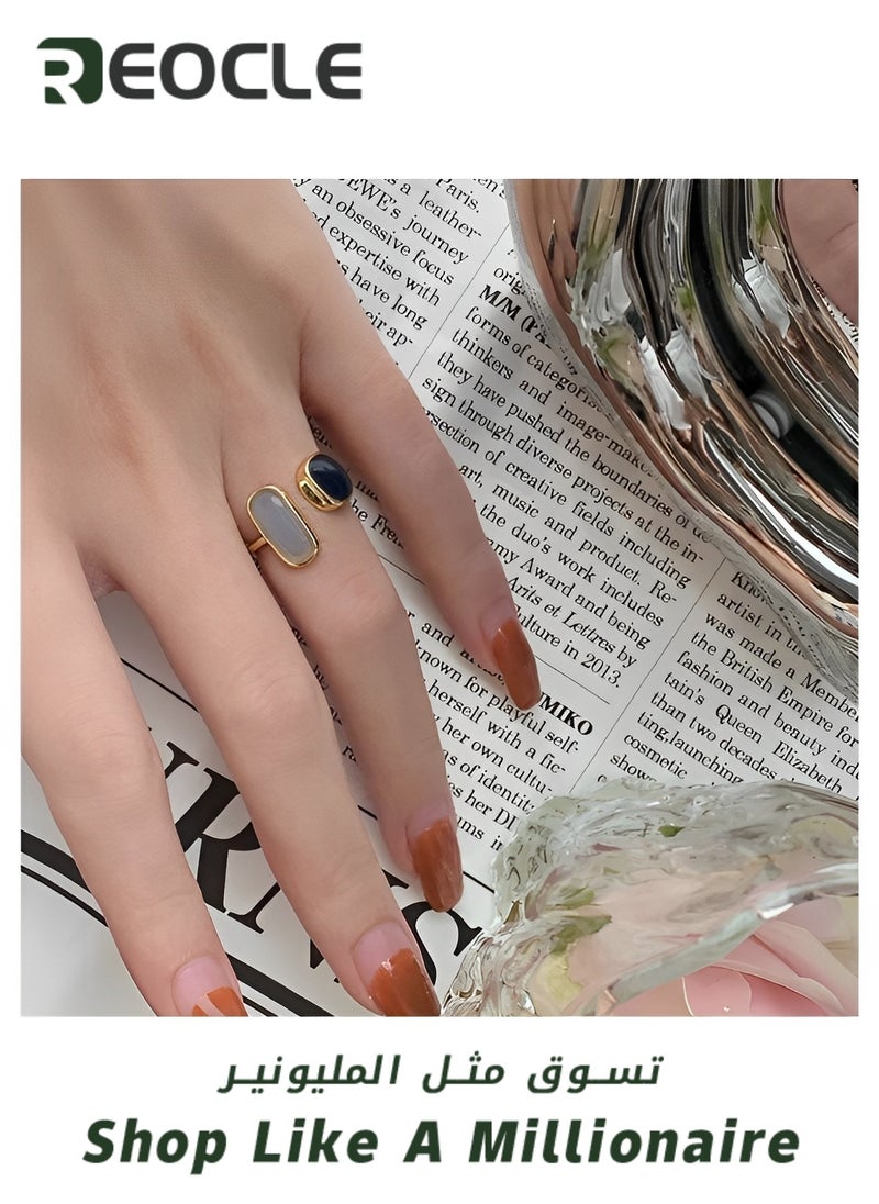 REOCLE Women's Open Ring 14K Gold Filled Jade Ring Adjustable Handmade Jewelry Ring for Women as Wedding & Birthday Gift  - Image 2
