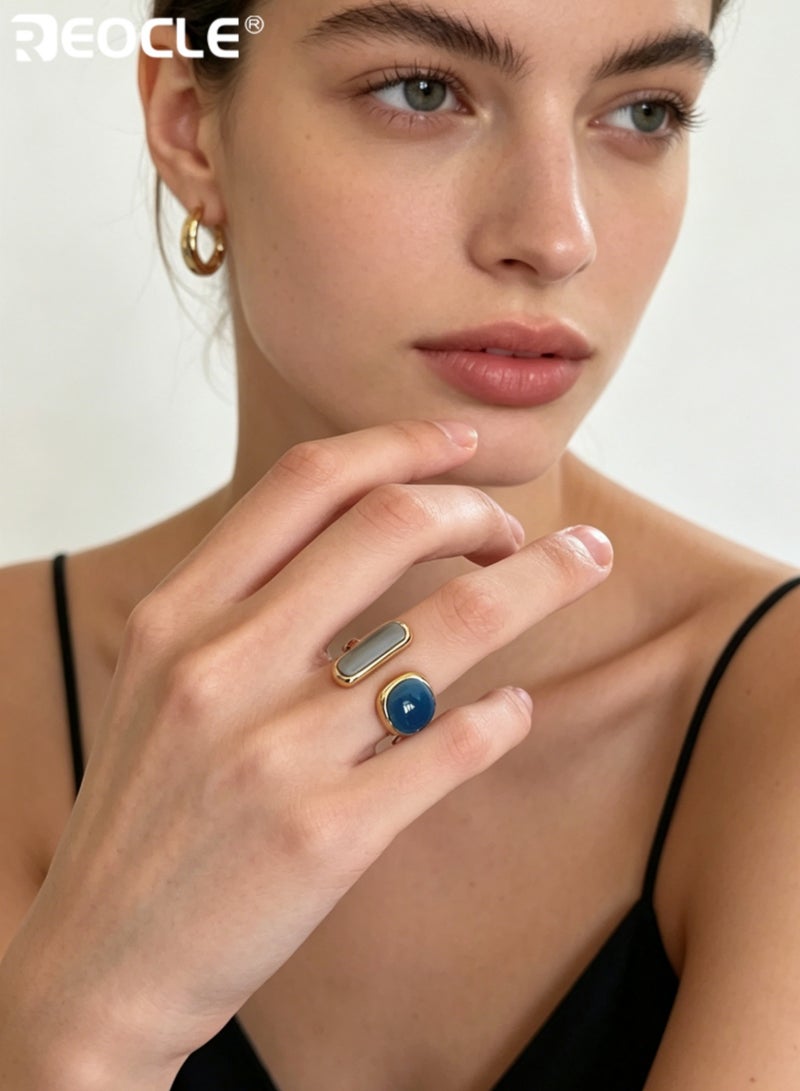 REOCLE Women's Open Ring Filled Jade Ring Adjustable Handmade Jewelry Ring for Women as Wedding & Birthday Gift - Image 1
