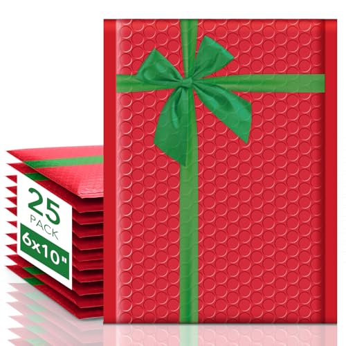 Fuxury Bubble Mailers 6x10" Christmas Padded Envelopes 25 Pack Usable Size 6x9" Thick Mailing Envelopes Bubble Opaque Padded Mailers Shipping Bags for Mailing Jewelry Makeup Small Business #0 Red - Image 1