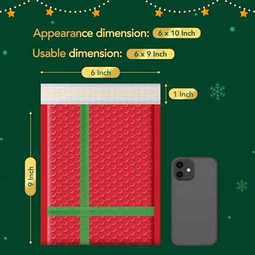 Fuxury Bubble Mailers 6x10" Christmas Padded Envelopes 25 Pack Usable Size 6x9" Thick Mailing Envelopes Bubble Opaque Padded Mailers Shipping Bags for Mailing Jewelry Makeup Small Business #0 Red - Image 2