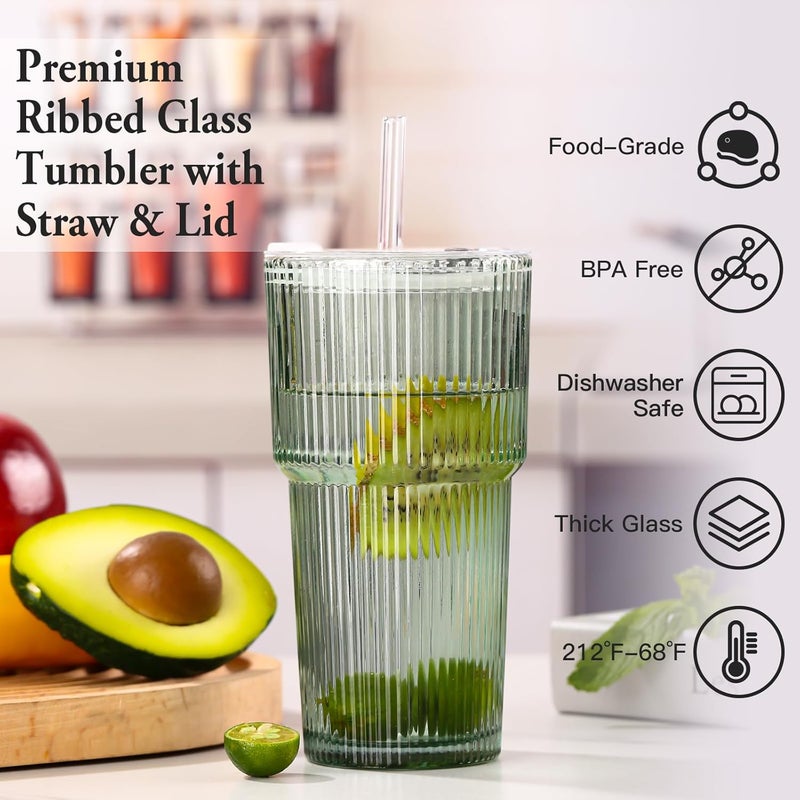 SIPBYSOP 4PCS Ribbed Glass Cups with Lids and Straws, 20oz Vintage Drinking Glasses, Aesthetic Iced Coffee Cups, Glass Tumbler for Boba, Beer, Tea, Cocktails, Ribbed Glassware Set,Green - Image 2