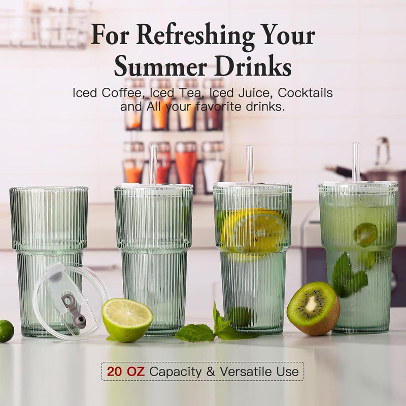 SIPBYSOP 4PCS Ribbed Glass Cups with Lids and Straws, 20oz Vintage Drinking Glasses, Aesthetic Iced Coffee Cups, Glass Tumbler for Boba, Beer, Tea, Cocktails, Ribbed Glassware Set,Green - Image 5