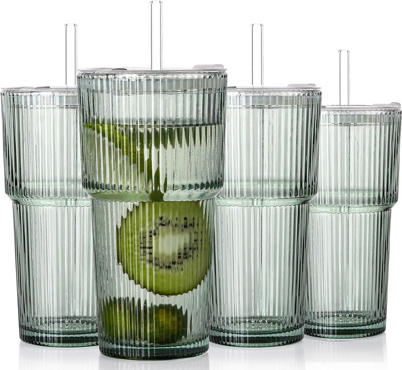 SIPBYSOP 4PCS Ribbed Glass Cups with Lids and Straws, 20oz Vintage Drinking Glasses, Aesthetic Iced Coffee Cups, Glass Tumbler for Boba, Beer, Tea, Cocktails, Ribbed Glassware Set,Green - Image 1