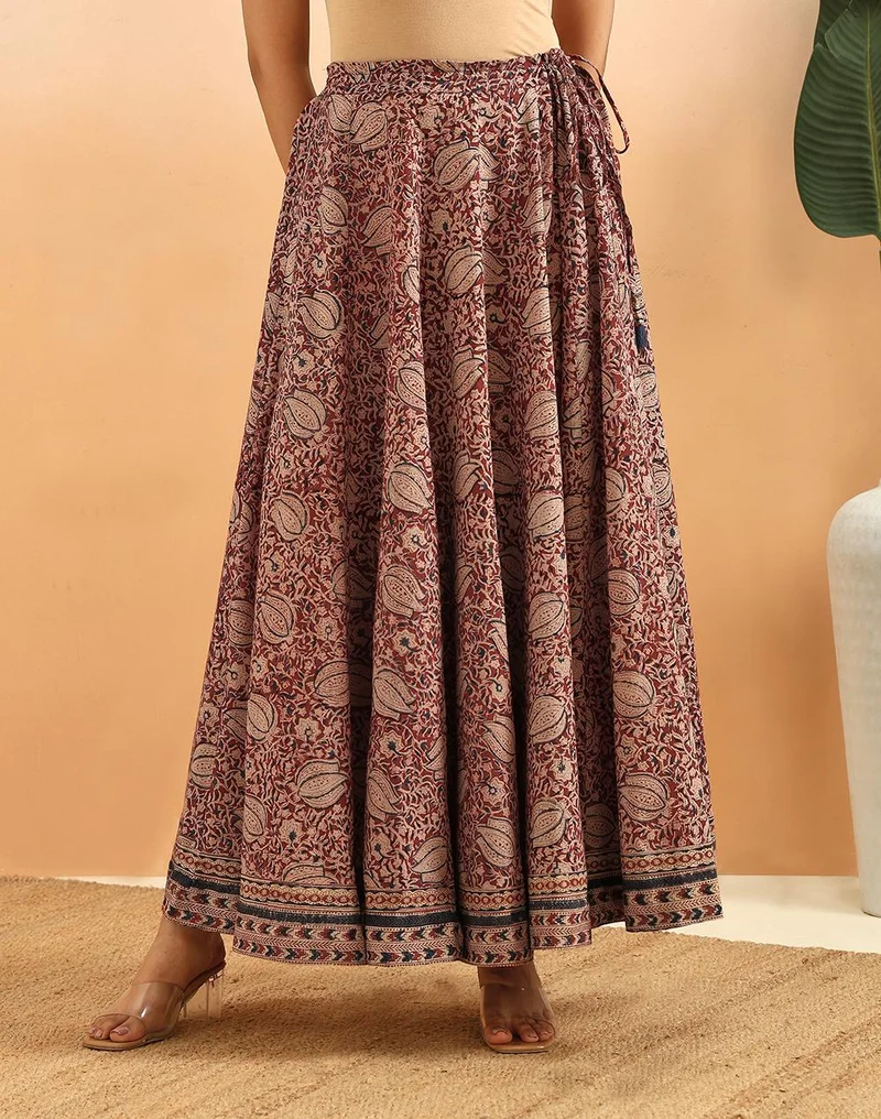 Fabindia Maroon Cotton Kalamkari Printed Ghera Skirt