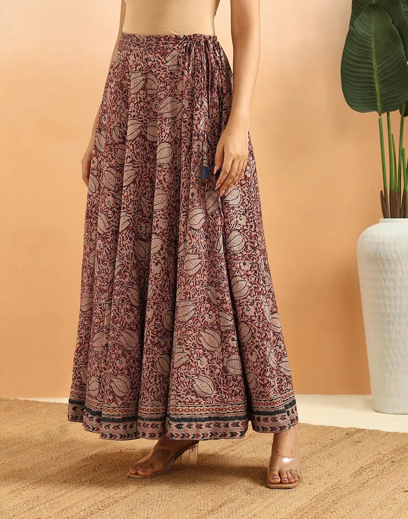 Maroon Cotton Kalamkari Printed Ghera Skirt