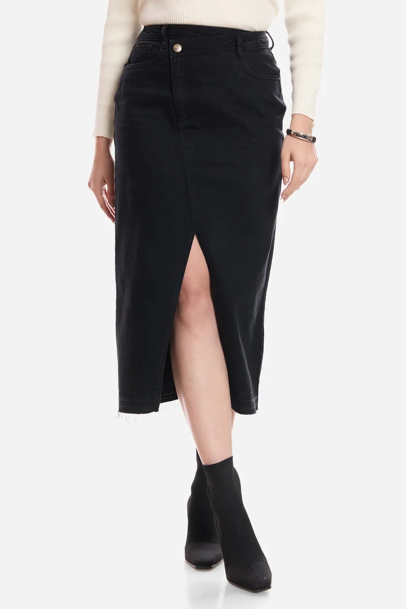 فيرجيو Solid Cotton Assymetric Waist Denim Skirt for Women