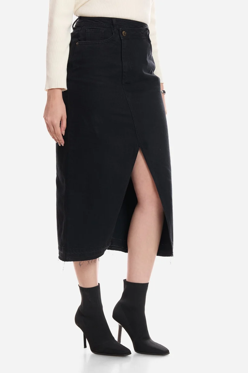 Virgio Solid Cotton Assymetric Waist Denim Skirt for Women