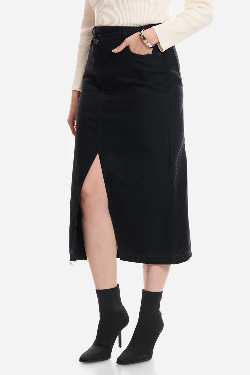 Virgio Solid Cotton Assymetric Waist Denim Skirt for Women