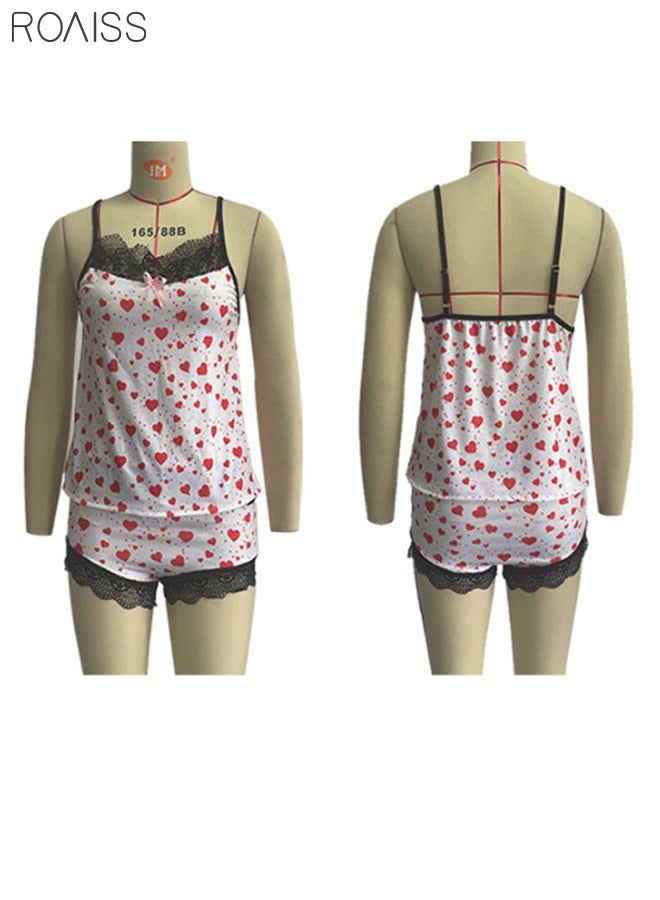 رويس طقم بيجامة نسائي مكون من قطعتين، صدرية وشورت مطبوع لطيف، طقم بيجامة حرير كلاسيكي بلون سادة مع ياقة ثابتة - Image 1