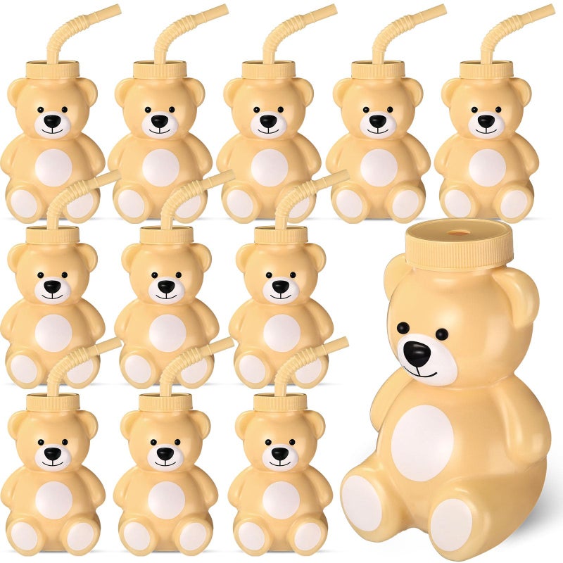 Maxdot 12 Pcs Bear Cups with Straws and Lids 10 oz Plastic Bear Shape Cup Reusable Creative Cups Bulk for Baby Shower Kids Birthday Wedding Party FavorsLight Brown - Image 3