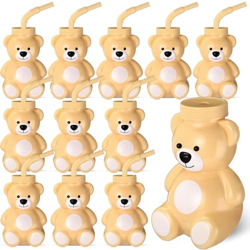 Maxdot 12 Pcs Bear Cups with Straws and Lids 10 oz Plastic Bear Shape Cup Reusable Creative Cups Bulk for Baby Shower Kids Birthday Wedding Party FavorsLight Brown - Image 1