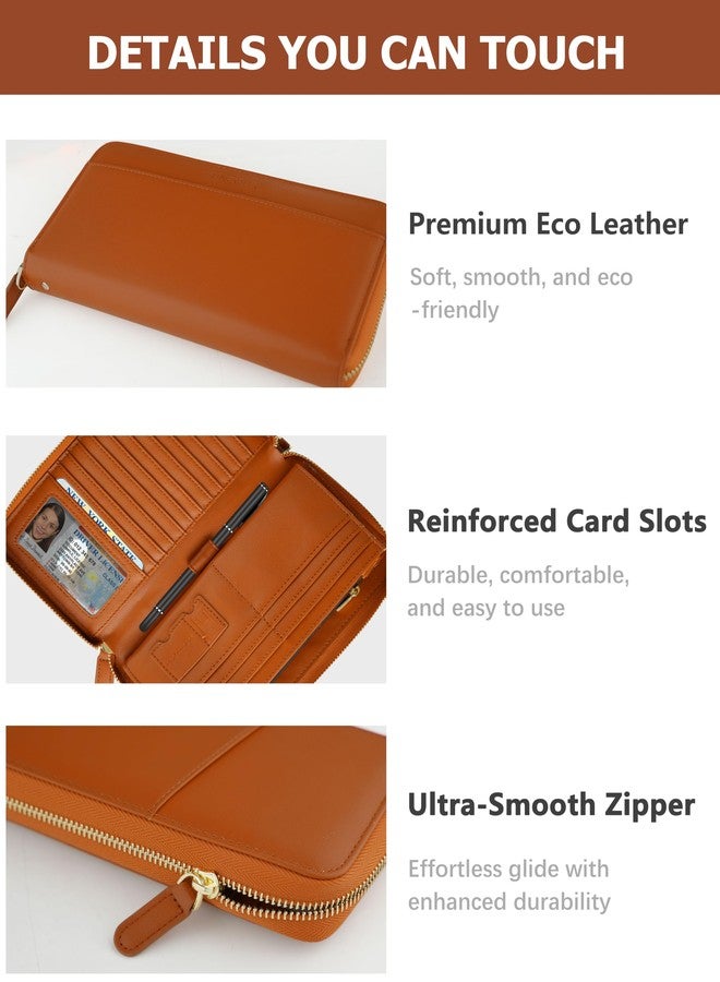 Sunpour Large Travel Wallet for Women,RFID Zipper Wallet with AirTag Slot,Passport Holder Clutch with Wristlet, Brown, Classics - Image 5