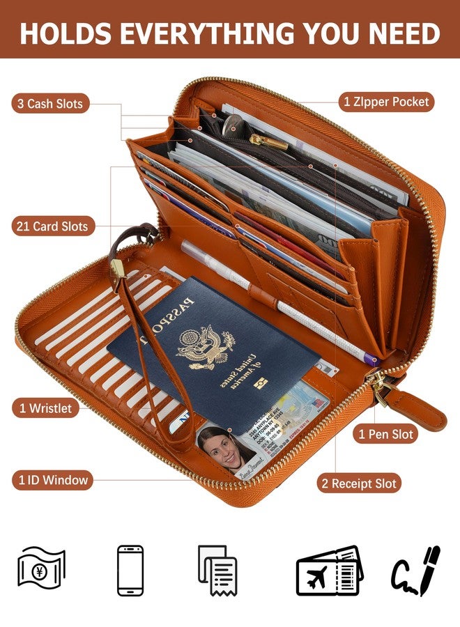 Sunpour Large Travel Wallet for Women,RFID Zipper Wallet with AirTag Slot,Passport Holder Clutch with Wristlet, Brown, Classics - Image 4